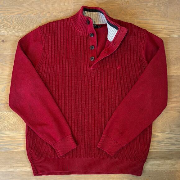 Nautica Henley 100% Cotton Knit Sweater Pullover Red Mens Size Large - Picture 1 of 8